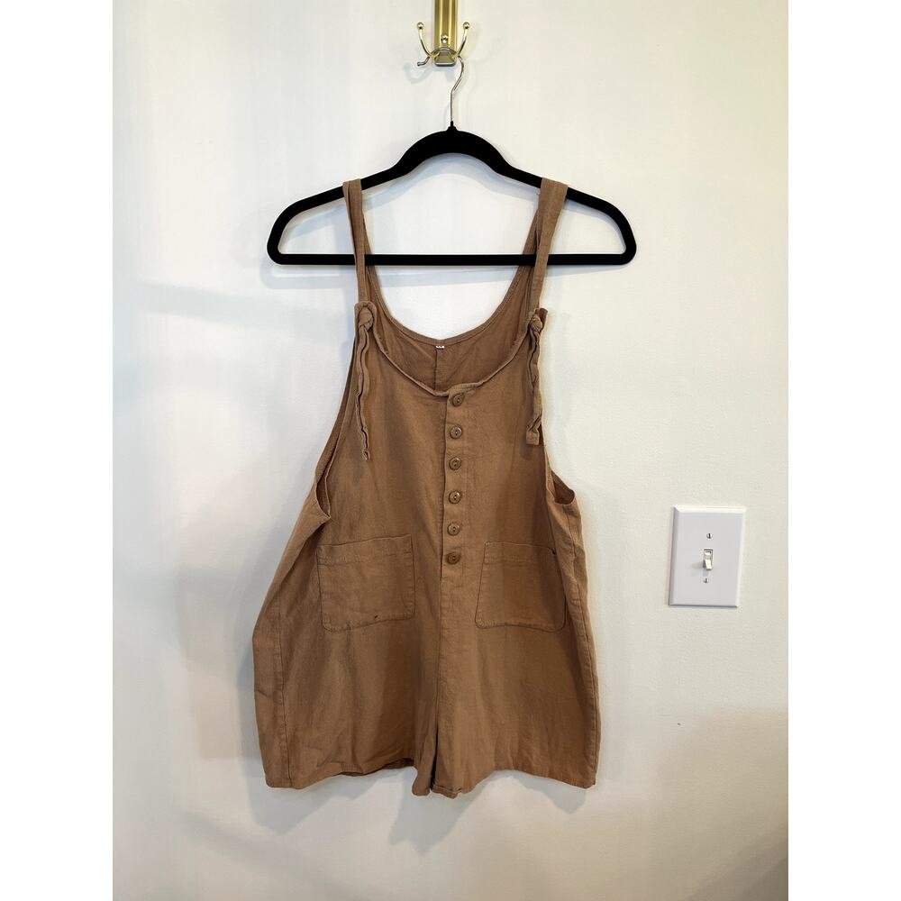 Boho Cotton Linen Overall Romper Camel Brown Button Front Playsuit Medium